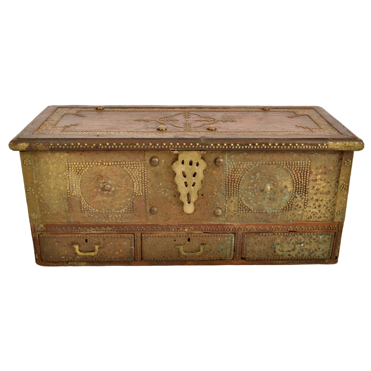 Antique 19th Century Zanzibar Shirazi Brass Stud & Copper Clad Dowry Chest, circa 1850