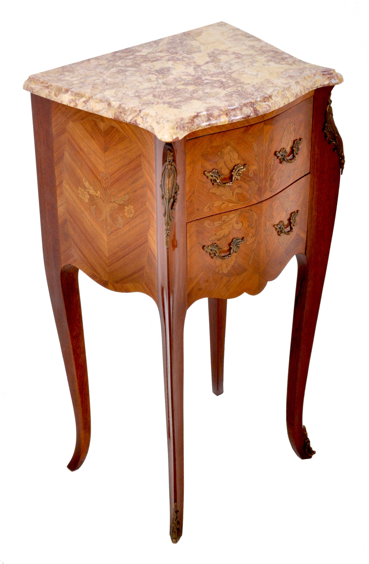 Pair of Antique French Louis XV Marble-Top and Marquetry Walnut Night Stands, Circa 1890