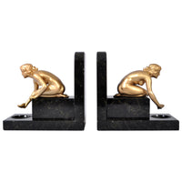 Pair of Antique Art Deco Gilded Bronze & Marble Female Nude Statue Bookends, 1920s