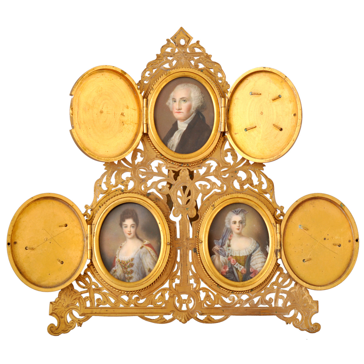 Antique Brass & Pietra Dura Portrait Miniature Painting of George Washington, circa 1880