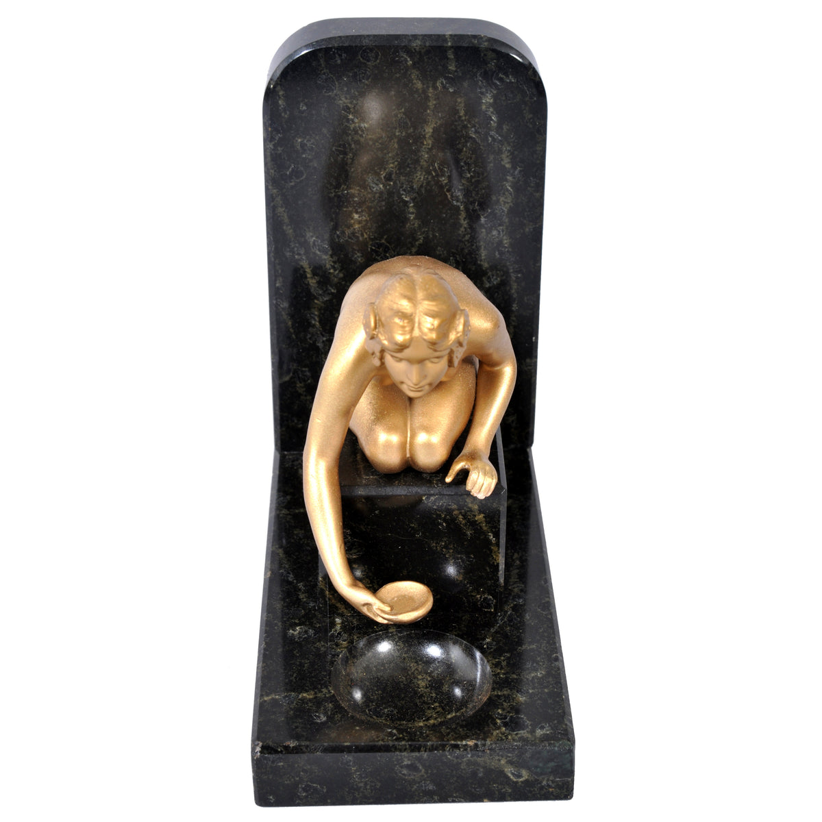 Pair of Antique Art Deco Gilded Bronze & Marble Female Nude Statue Bookends, 1920s