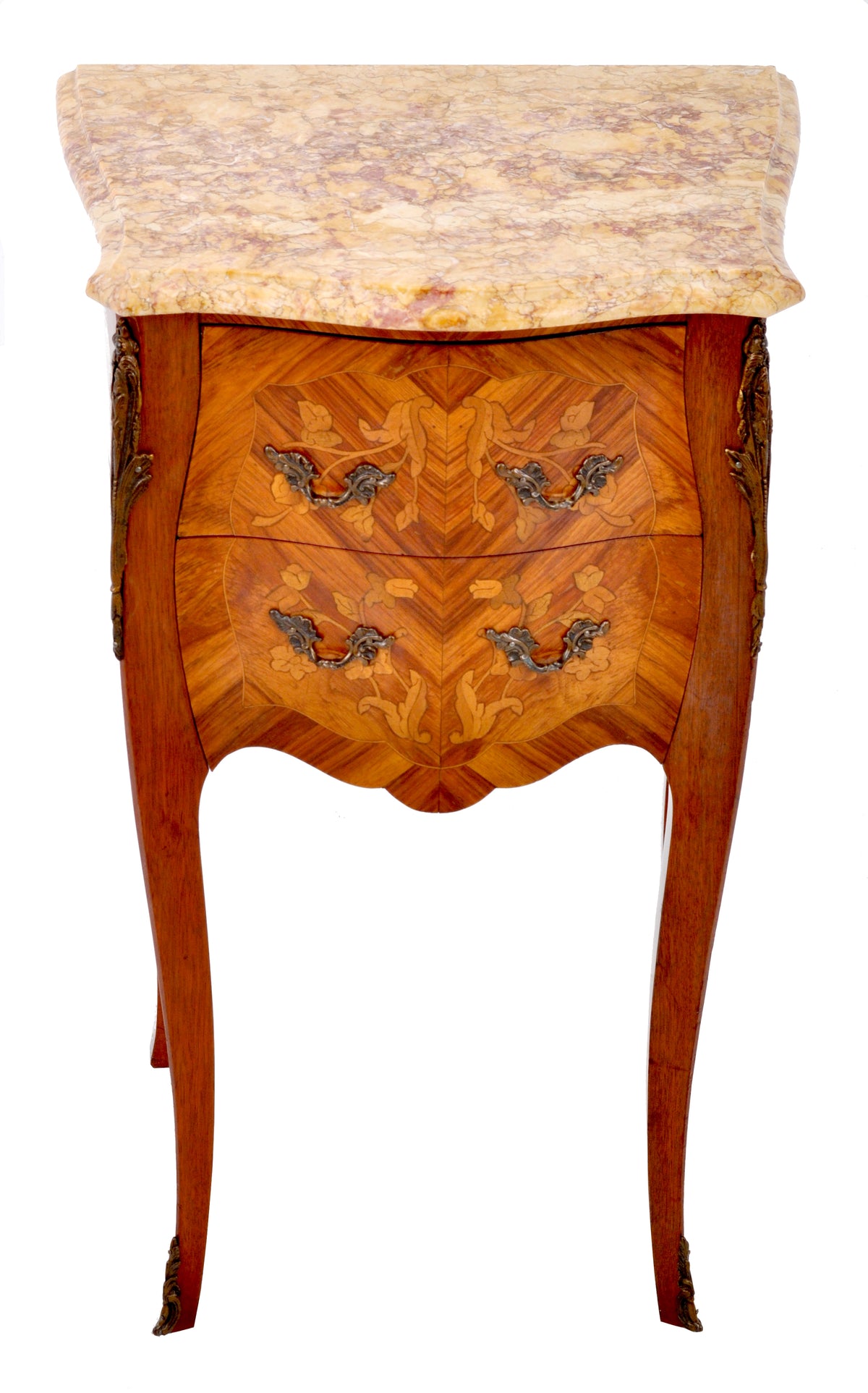Pair of Antique French Louis XV Marble-Top and Marquetry Walnut Night Stands, Circa 1890