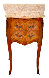 Pair of Antique French Louis XV Marble-Top and Marquetry Walnut Night Stands, Circa 1890