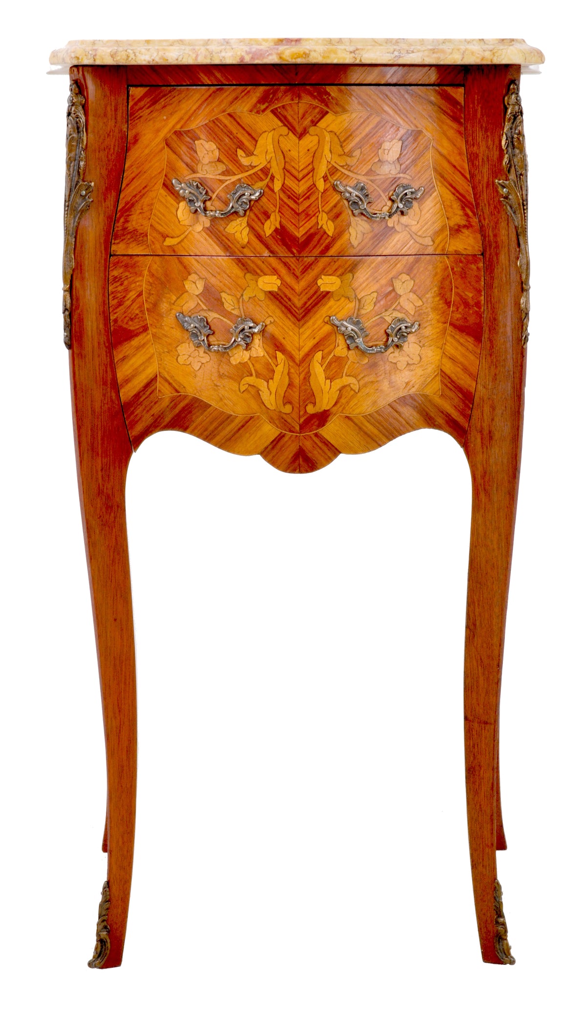 Pair of Antique French Louis XV Marble-Top and Marquetry Walnut Night Stands, Circa 1890