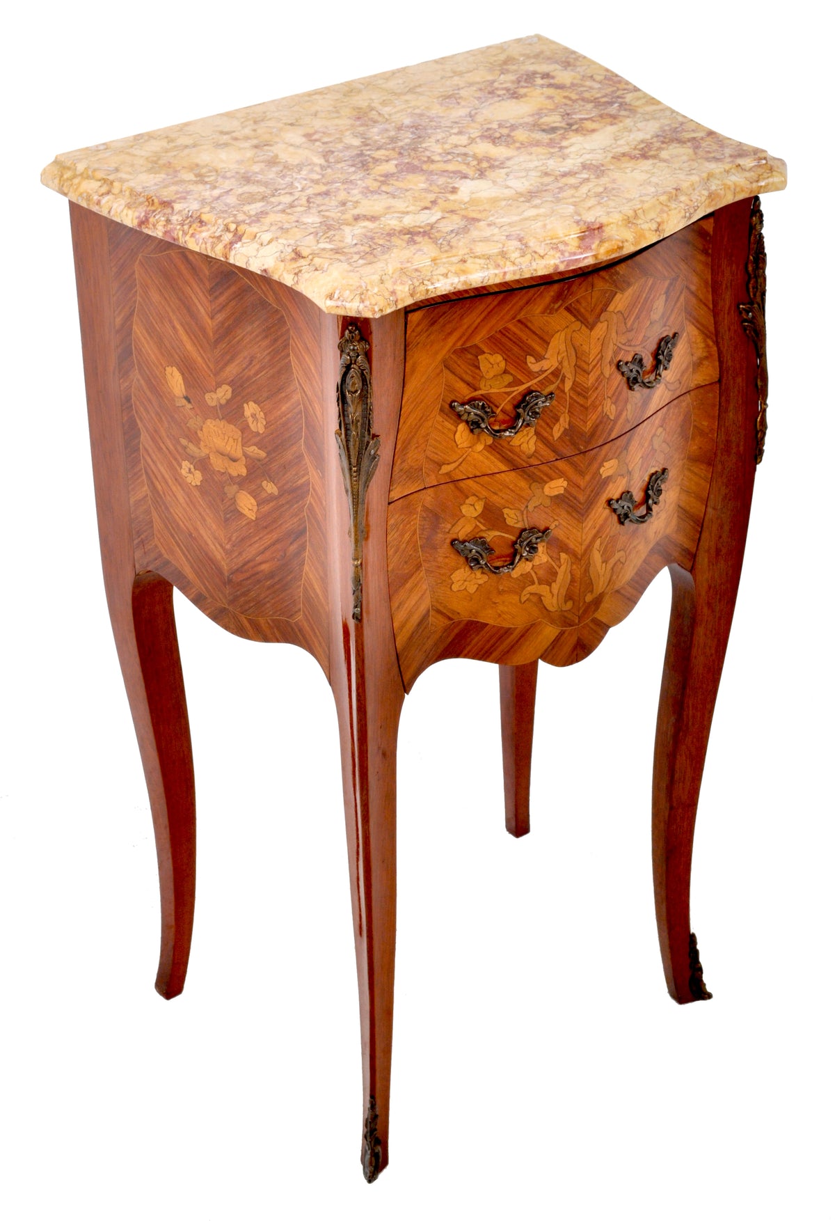 Pair of Antique French Louis XV Marble-Top and Marquetry Walnut Night Stands, Circa 1890