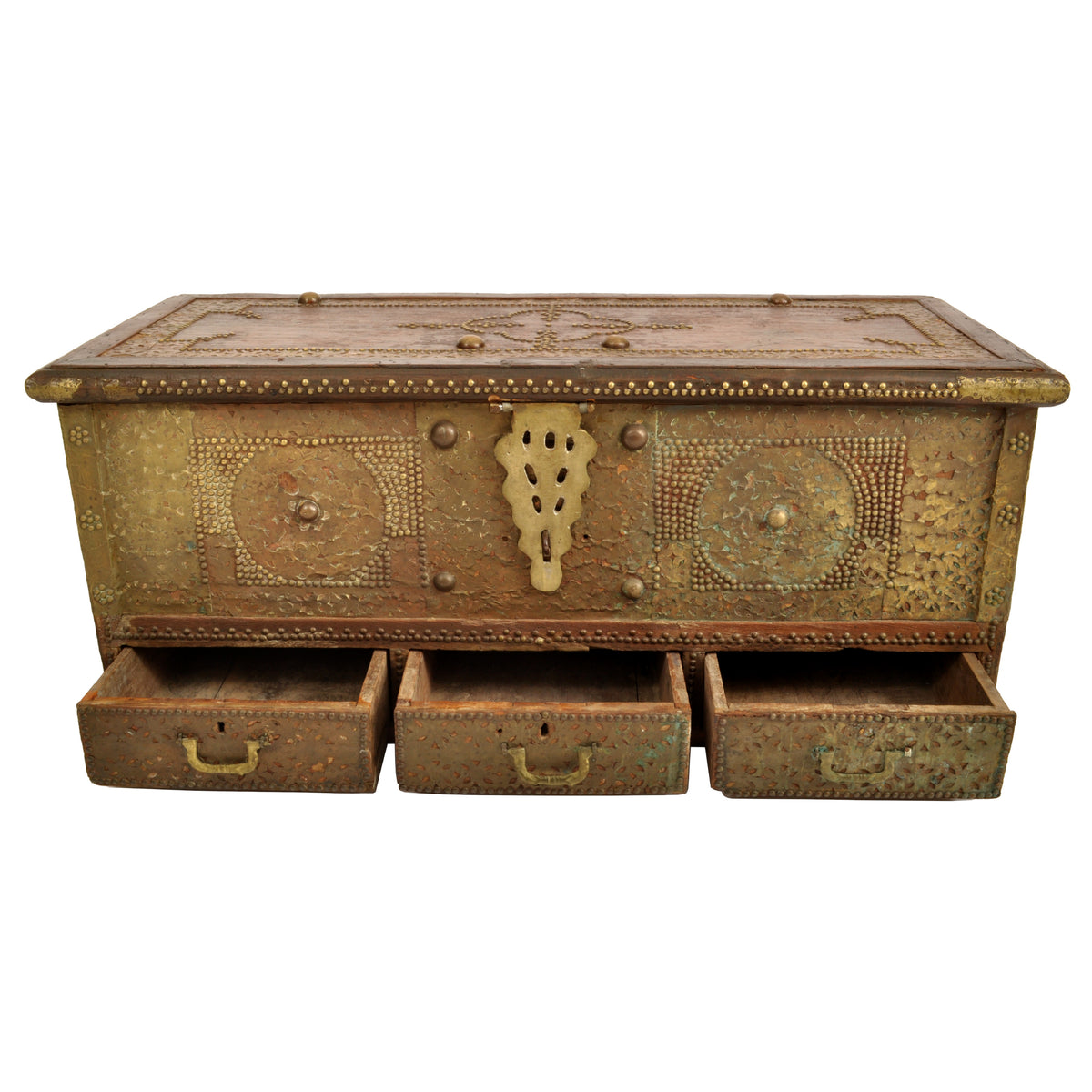 Antique 19th Century Zanzibar Shirazi Brass Stud & Copper Clad Dowry Chest, circa 1850
