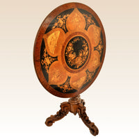 Antique Swiss Black Forest Walnut Tilt-Top Marquetry Carved Pedestal Table, circa 1880