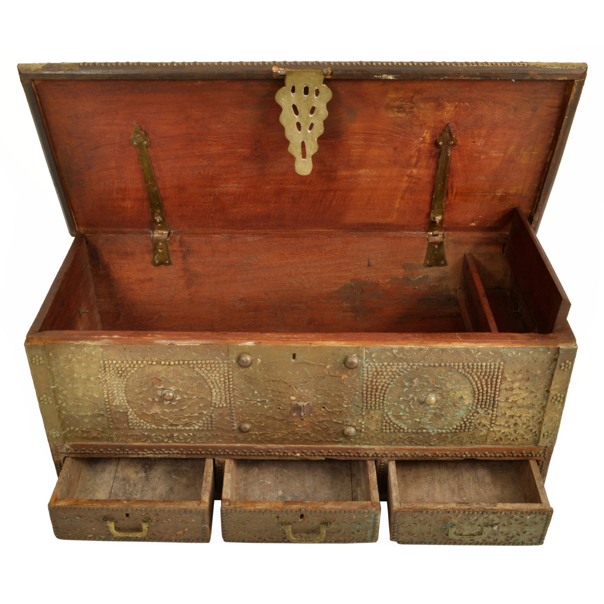 Antique 19th Century Zanzibar Shirazi Brass Stud & Copper Clad Dowry Chest, circa 1850