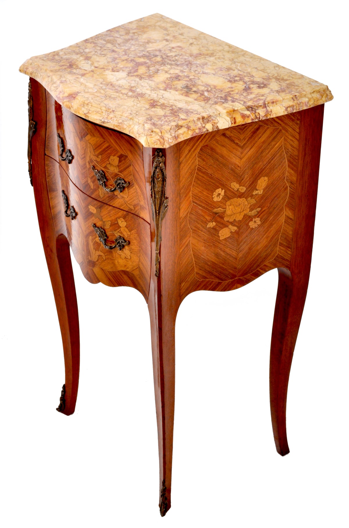 Pair of Antique French Louis XV Marble-Top and Marquetry Walnut Night Stands, Circa 1890