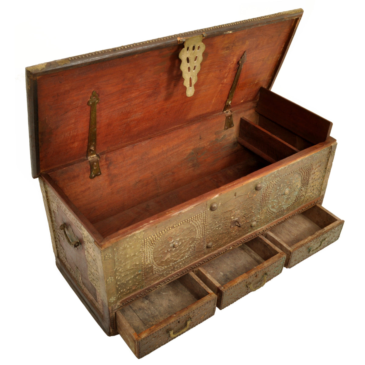 Antique 19th Century Zanzibar Shirazi Brass Stud & Copper Clad Dowry Chest, circa 1850
