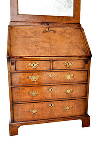 Antique Queen Anne Burl Walnut Bookcase / Bureau / Secretary Desk, Circa 1710