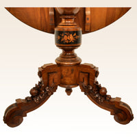 Antique Swiss Black Forest Walnut Tilt-Top Marquetry Carved Pedestal Table, circa 1880