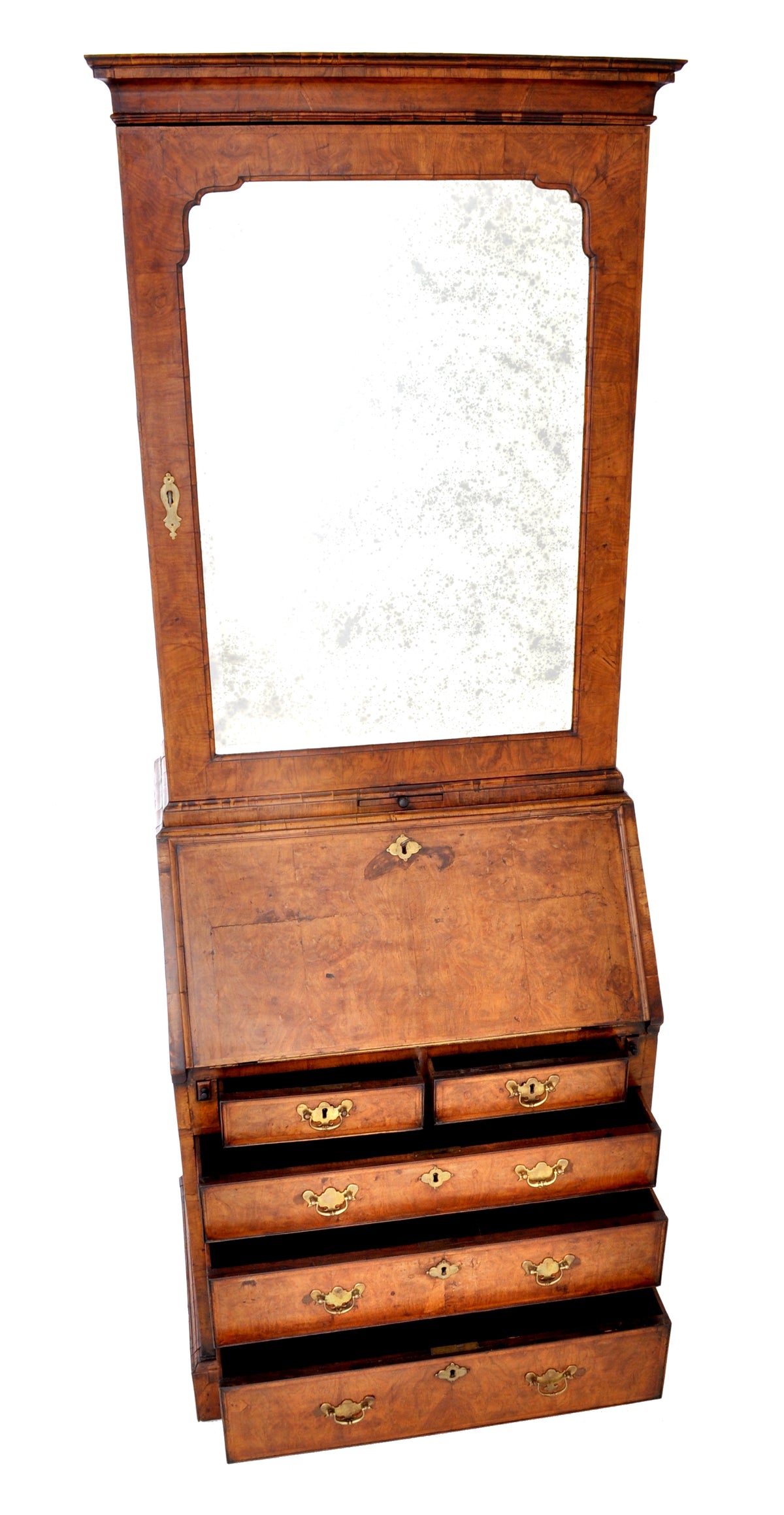 Antique Queen Anne Burl Walnut Bookcase / Bureau / Secretary Desk, Circa 1710