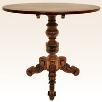 Antique Swiss Black Forest Walnut Tilt-Top Marquetry Carved Pedestal Table, circa 1880