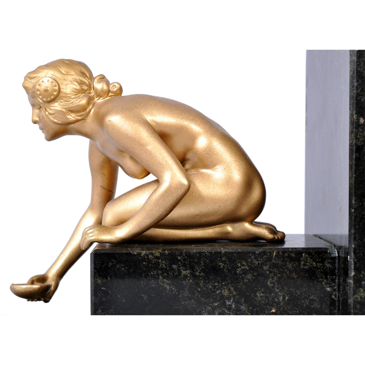 Pair of Antique Art Deco Gilded Bronze & Marble Female Nude Statue Bookends, 1920s