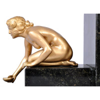 Pair of Antique Art Deco Gilded Bronze & Marble Female Nude Statue Bookends, 1920s