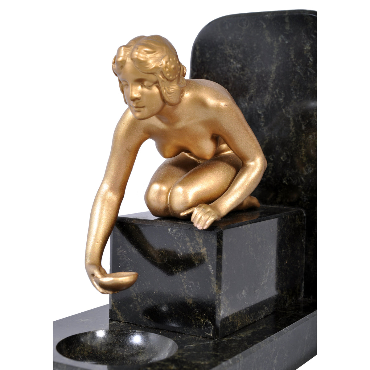 Pair of Antique Art Deco Gilded Bronze & Marble Female Nude Statue Bookends, 1920s