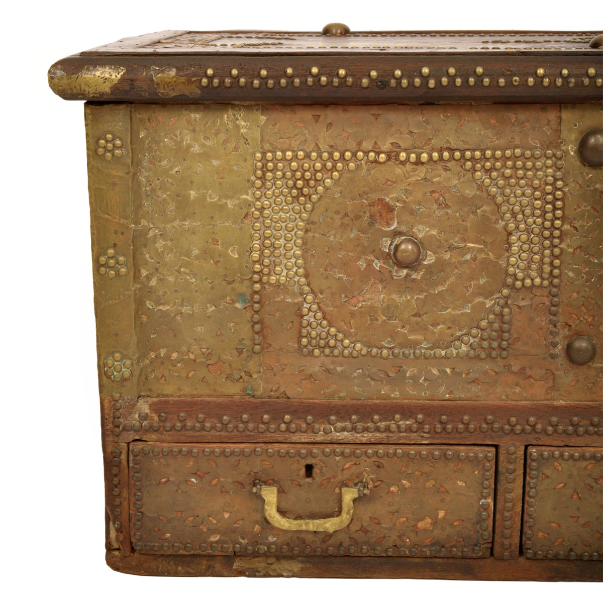 Antique 19th Century Zanzibar Shirazi Brass Stud & Copper Clad Dowry Chest, circa 1850