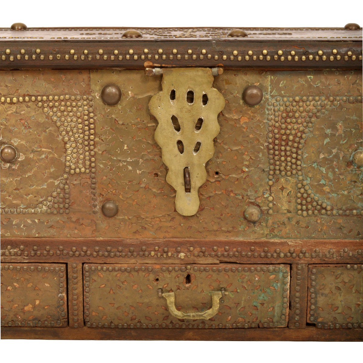 Antique 19th Century Zanzibar Shirazi Brass Stud & Copper Clad Dowry Chest, circa 1850