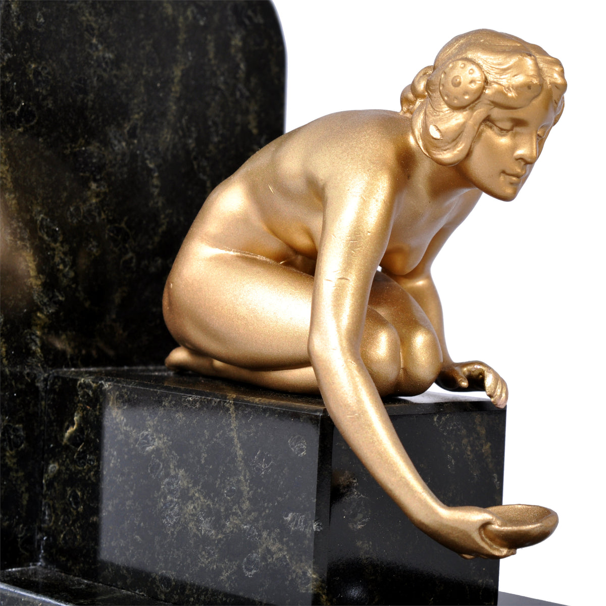 Pair of Antique Art Deco Gilded Bronze & Marble Female Nude Statue Bookends, 1920s