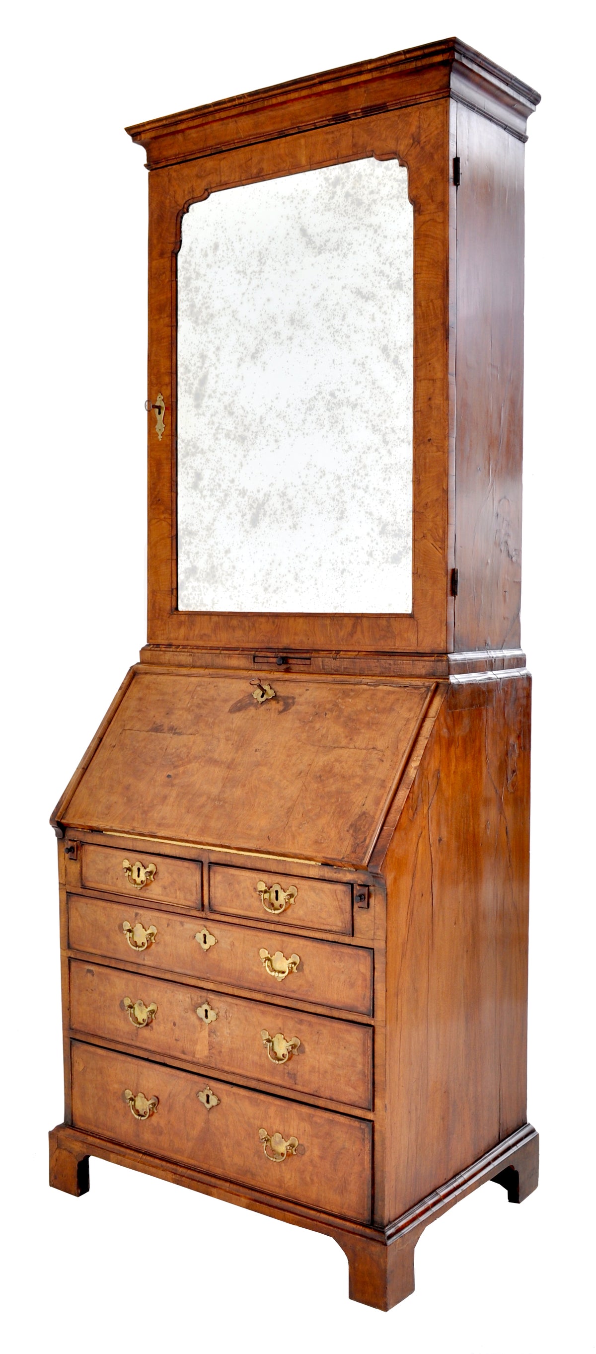 Antique Queen Anne Burl Walnut Bookcase / Bureau / Secretary Desk, Circa 1710