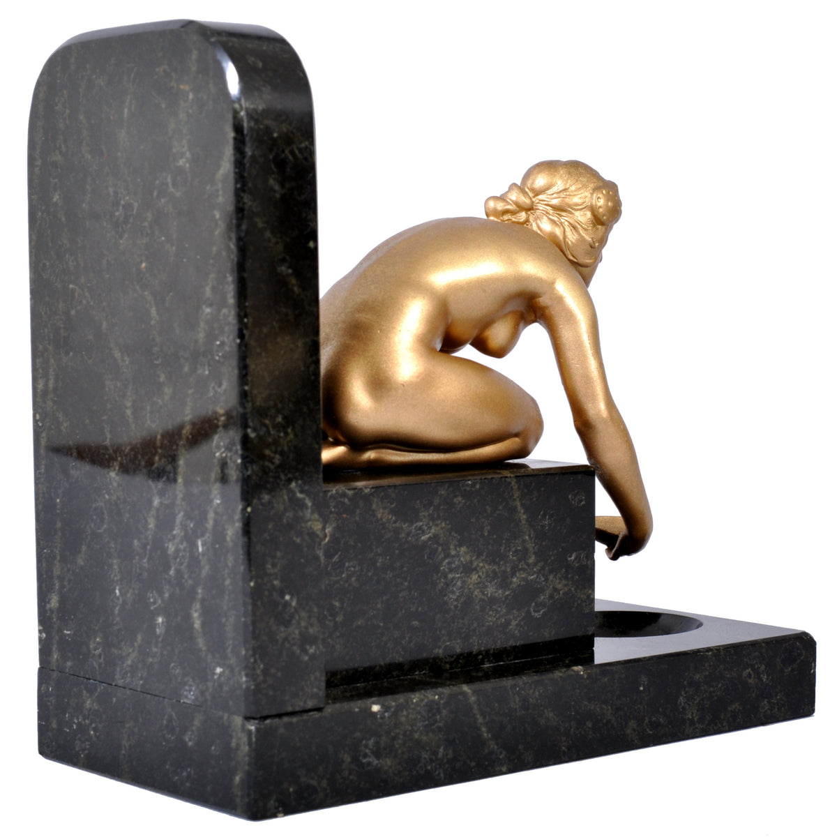 Pair of Antique Art Deco Gilded Bronze & Marble Female Nude Statue Bookends, 1920s