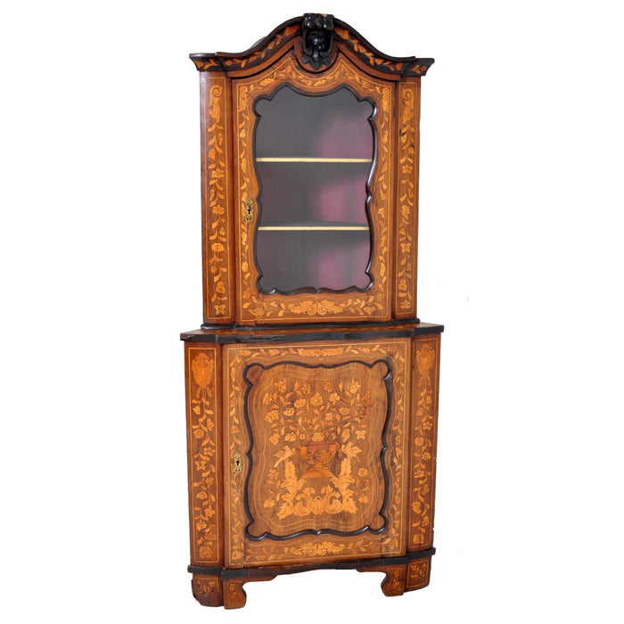 Antique Inlaid Marquetry Dutch Two-Piece Corner Cabinet, Circa 1830