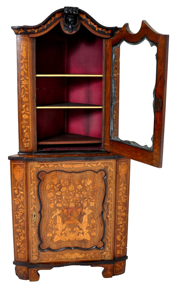 Antique Inlaid Marquetry Dutch Two-Piece Corner Cabinet, Circa 1830