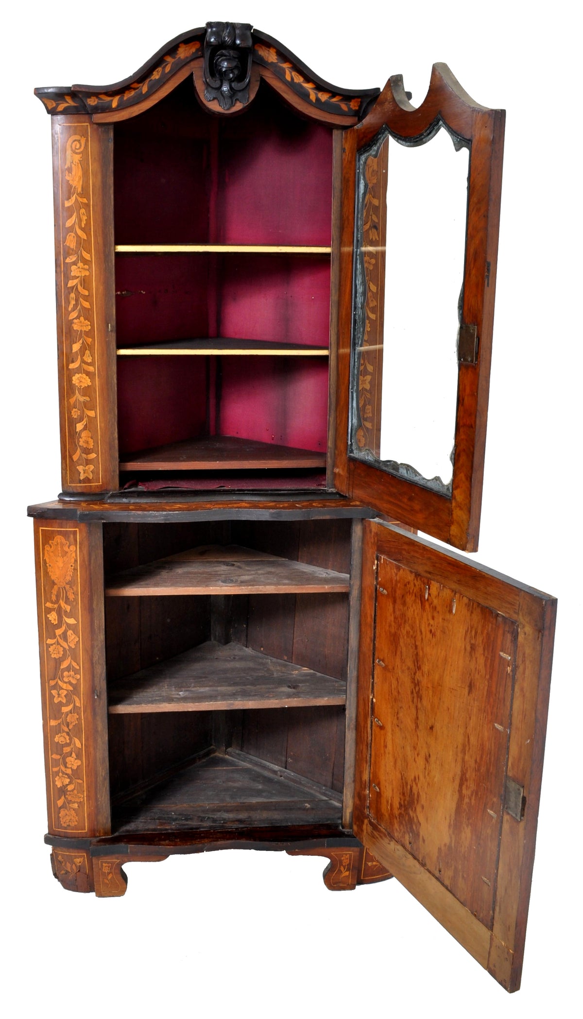Antique Inlaid Marquetry Dutch Two-Piece Corner Cabinet, Circa 1830