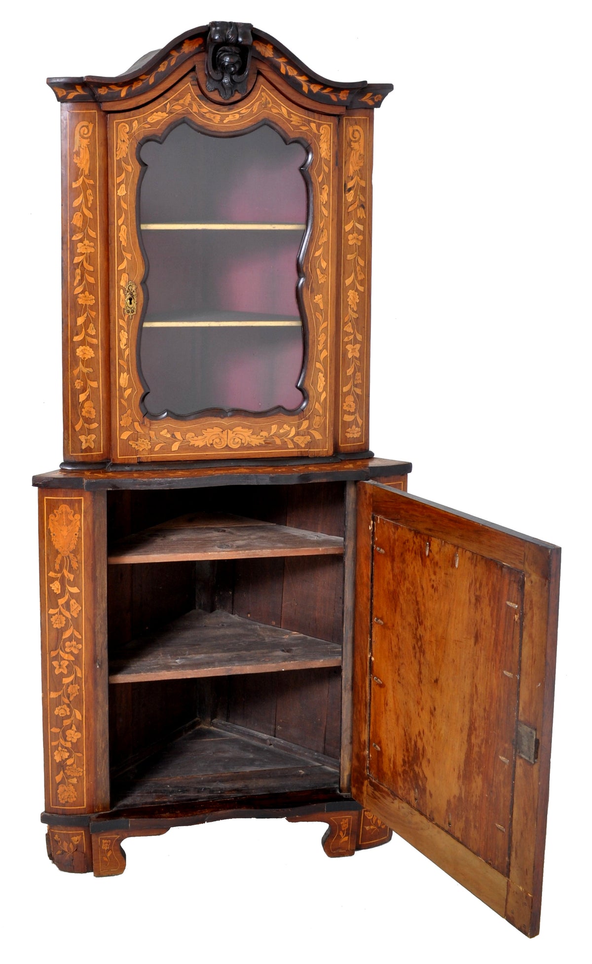 Antique Inlaid Marquetry Dutch Two-Piece Corner Cabinet, Circa 1830