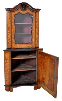 Antique Inlaid Marquetry Dutch Two-Piece Corner Cabinet, Circa 1830
