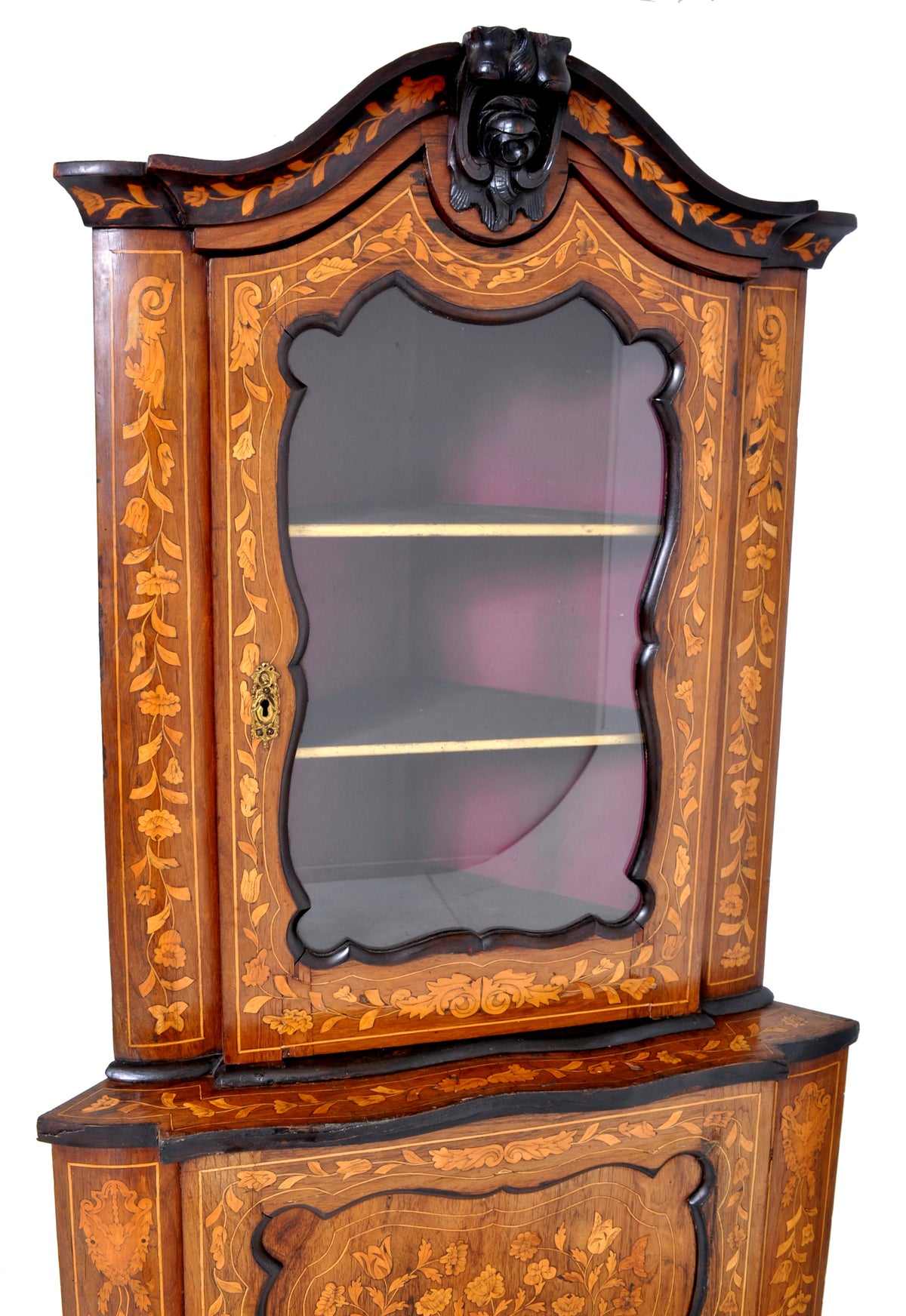 Antique Inlaid Marquetry Dutch Two-Piece Corner Cabinet, Circa 1830