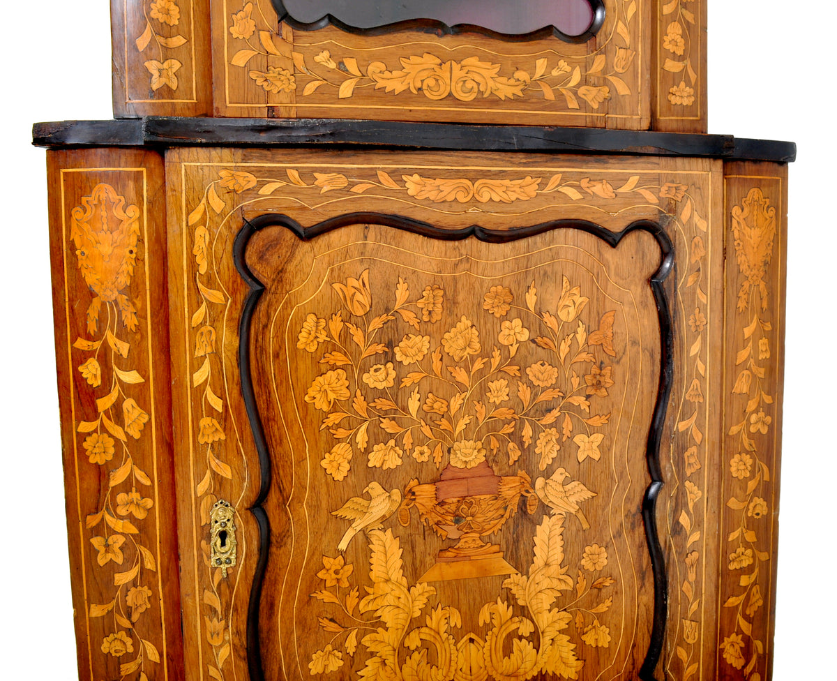 Antique Inlaid Marquetry Dutch Two-Piece Corner Cabinet, Circa 1830