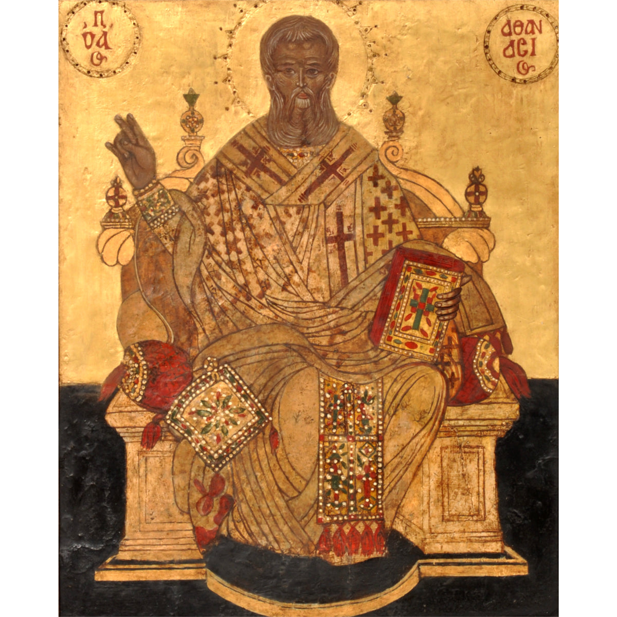 Antique 17th Century Greek Orthodox Icon, "Saint Athanasios"," Gilded Egg Tempera,  circa 1650