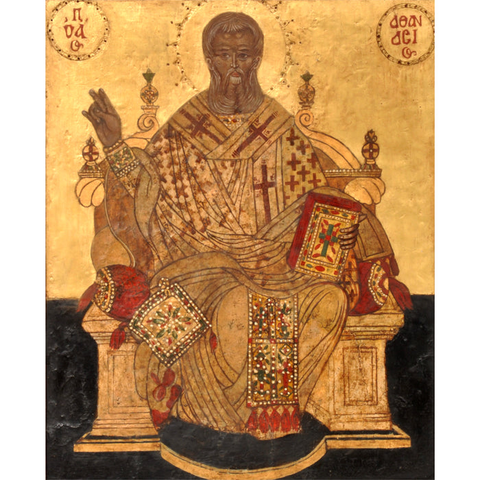 Antique 17th Century Greek Orthodox Icon, "Saint Athanasios"," Gilded Egg Tempera,  circa 1650