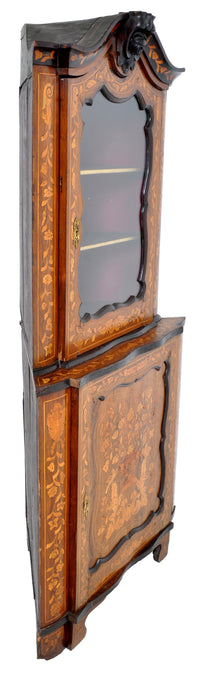 Antique Inlaid Marquetry Dutch Two-Piece Corner Cabinet, Circa 1830