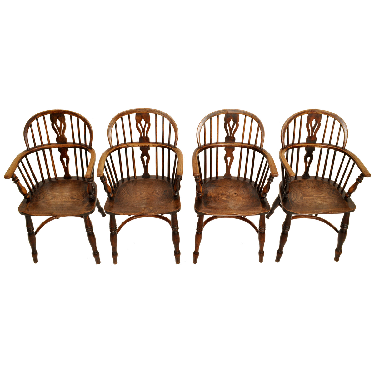 Set of 4 Antique 19th Century English Ash & Elm Low Hoop Back Windsor Chairs, circa 1840