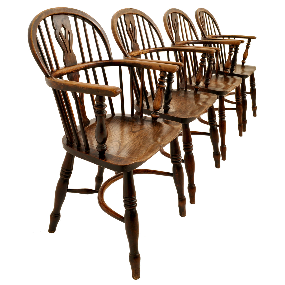 Set of 4 Antique 19th Century English Ash & Elm Low Hoop Back Windsor Chairs, circa 1840