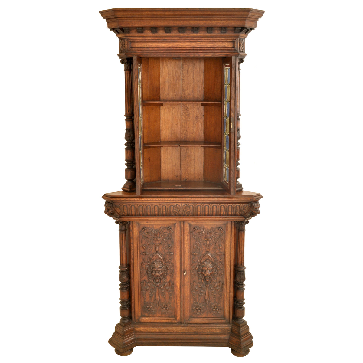 Pair of Antique French Renaissance Revival Carved Oak Stained Glass Corner Cabinets, circa 1880