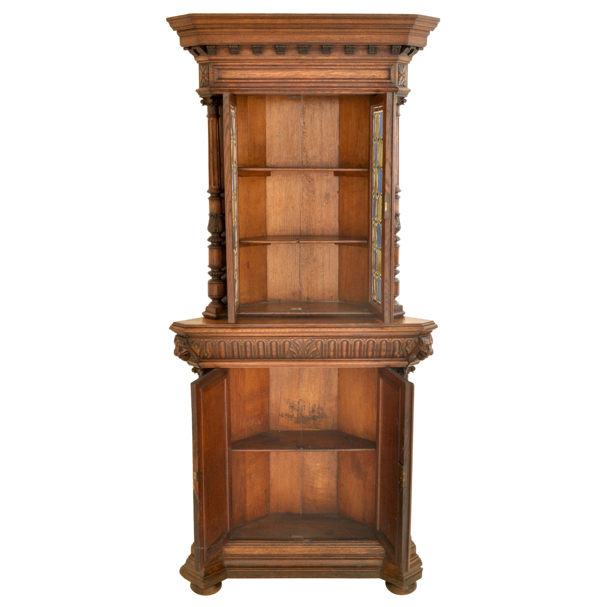 Pair of Antique French Renaissance Revival Carved Oak Stained Glass Corner Cabinets, circa 1880