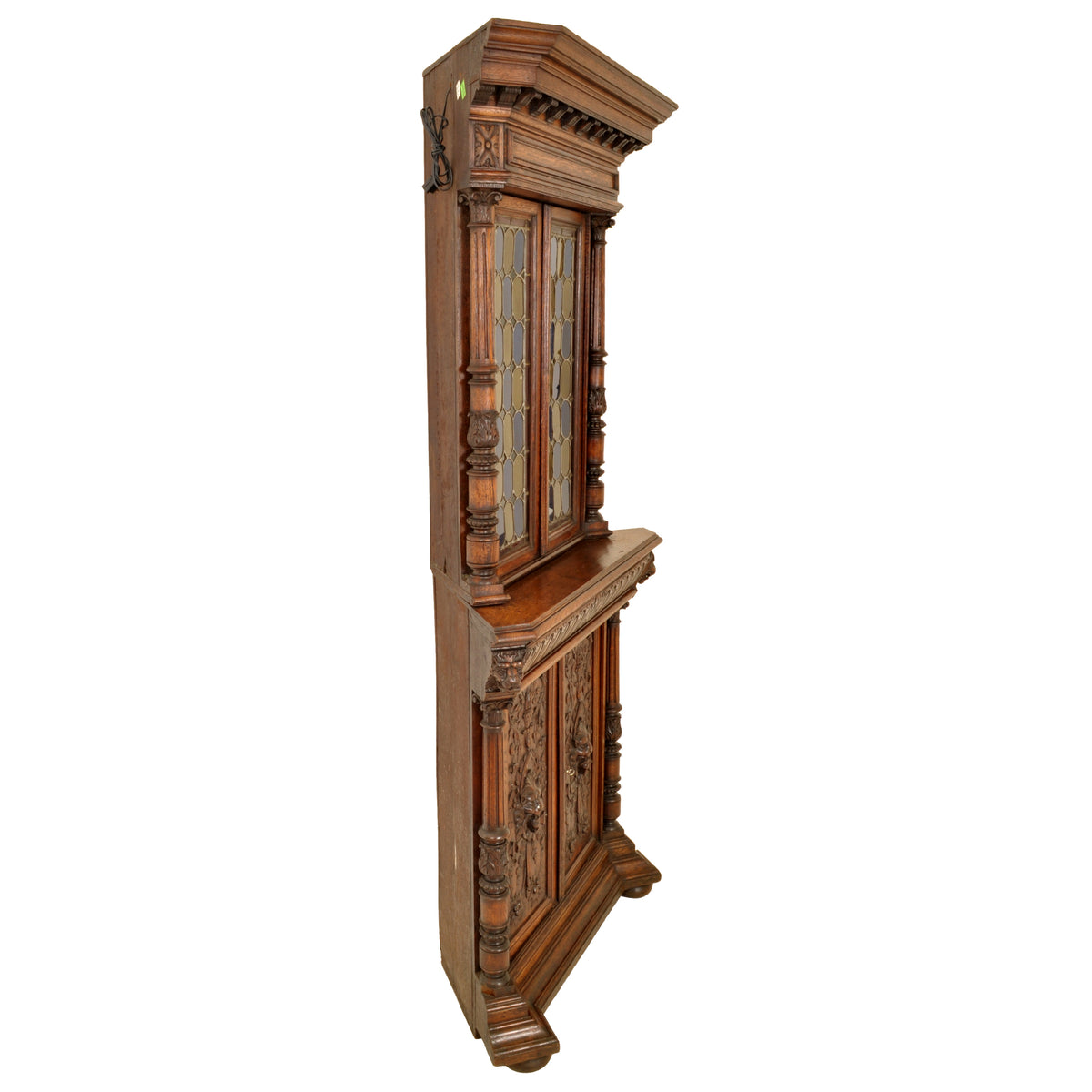 Pair of Antique French Renaissance Revival Carved Oak Stained Glass Corner Cabinets, circa 1880