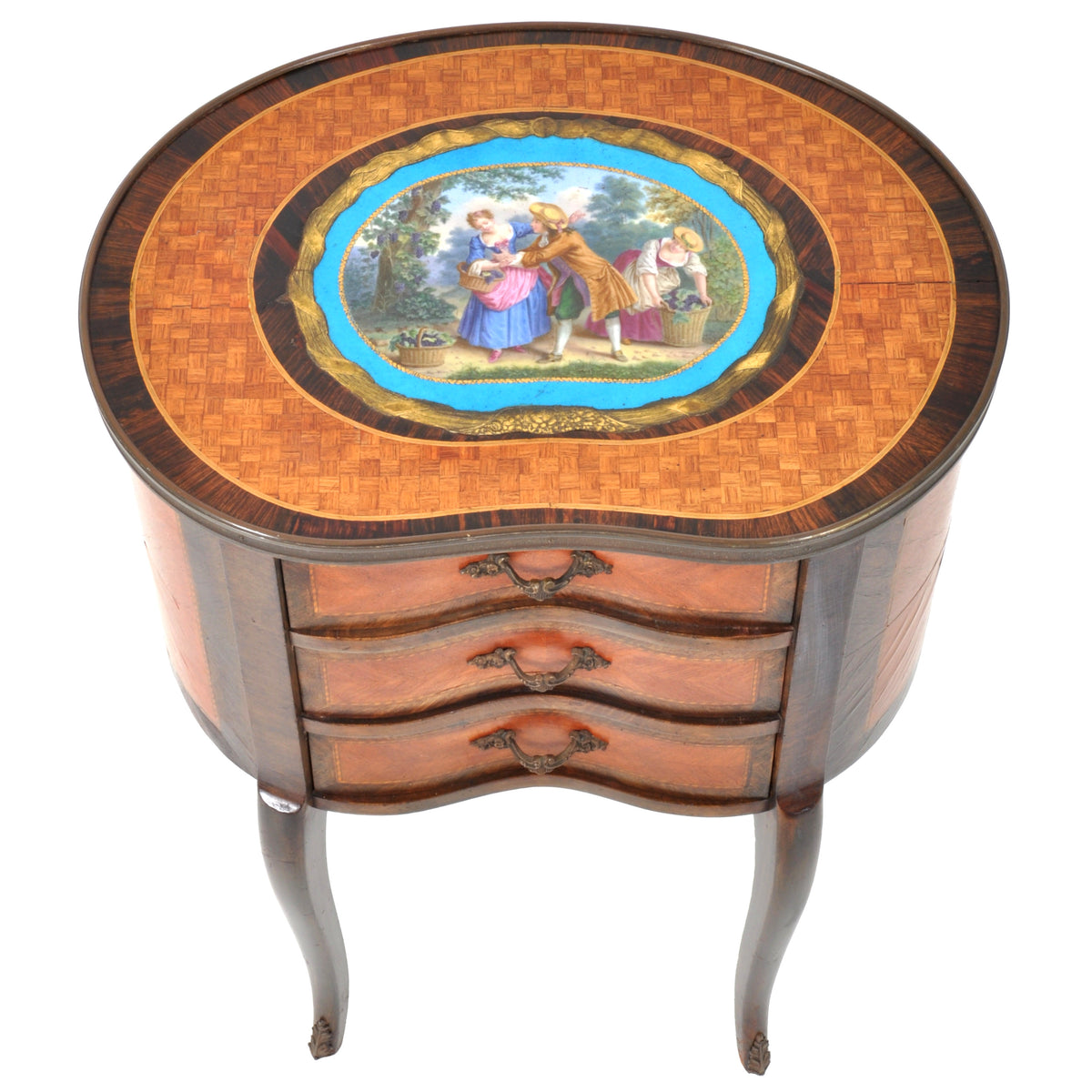 Antique French Kidney Shaped Inlaid Side Table / Cabinet / Chest with Sevres Plaque, circa 1890