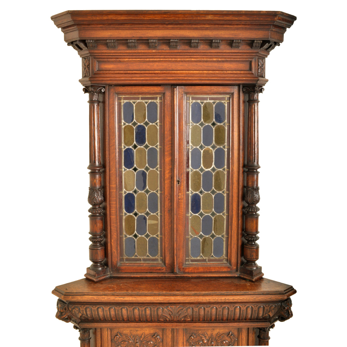 Pair of Antique French Renaissance Revival Carved Oak Stained Glass Corner Cabinets, circa 1880