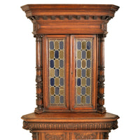 Pair of Antique French Renaissance Revival Carved Oak Stained Glass Corner Cabinets, circa 1880