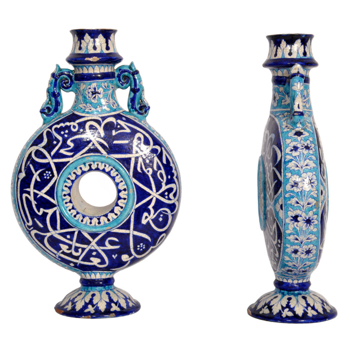Pair Antique Indian Sindh Multan Islamic Caligraphy Pottery Moon Flasks 1850