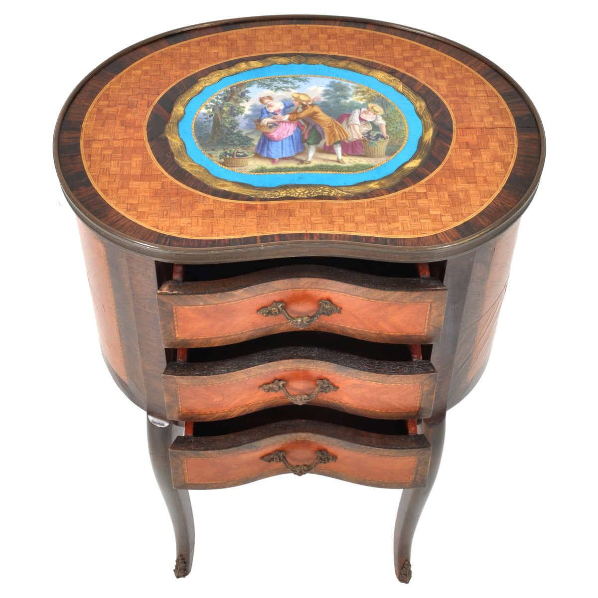 Antique French Kidney Shaped Inlaid Side Table / Cabinet / Chest with Sevres Plaque, circa 1890