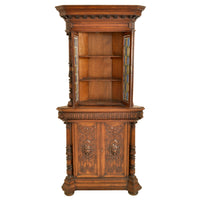 Pair of Antique French Renaissance Revival Carved Oak Stained Glass Corner Cabinets, circa 1880