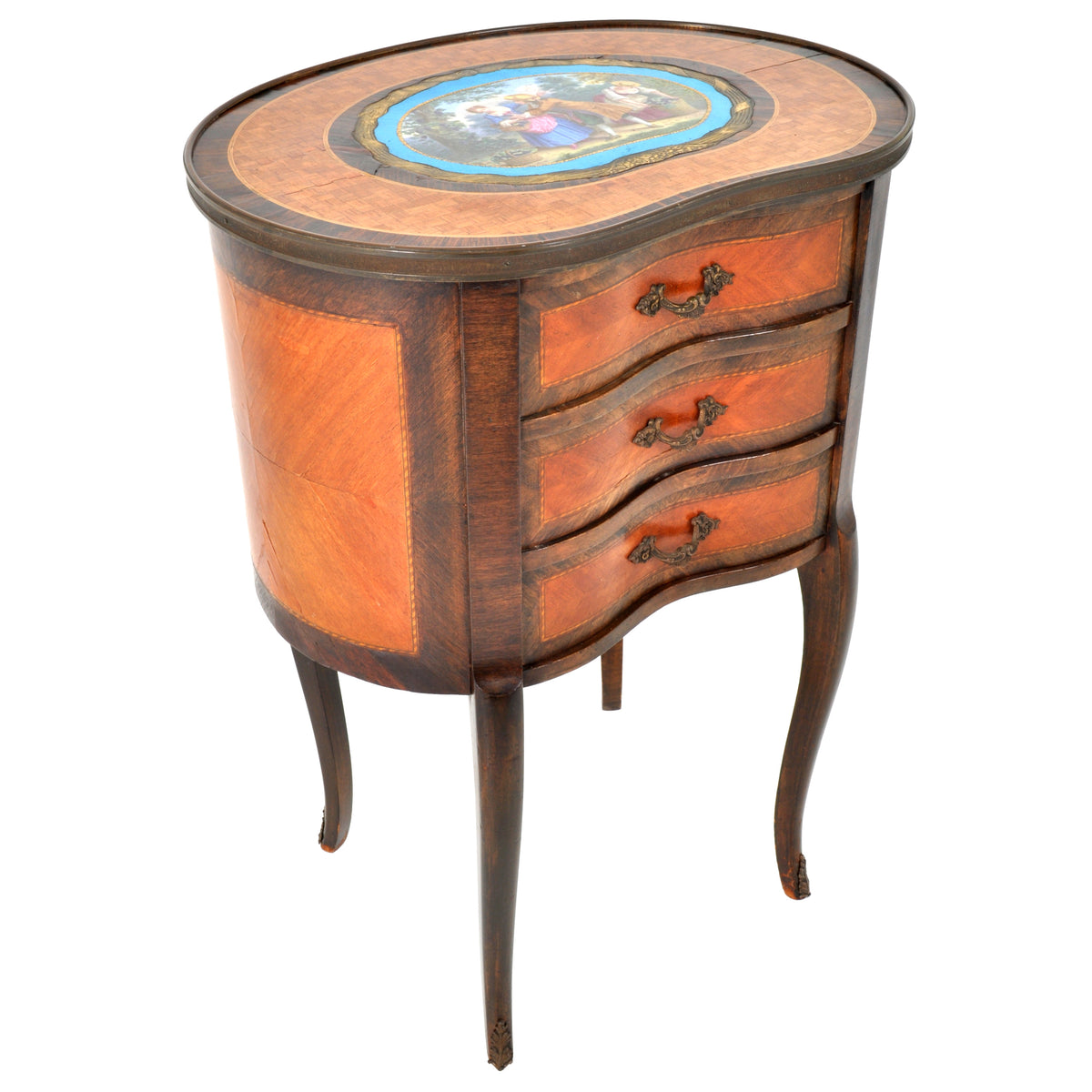 Antique French Kidney Shaped Inlaid Side Table / Cabinet / Chest with Sevres Plaque, circa 1890
