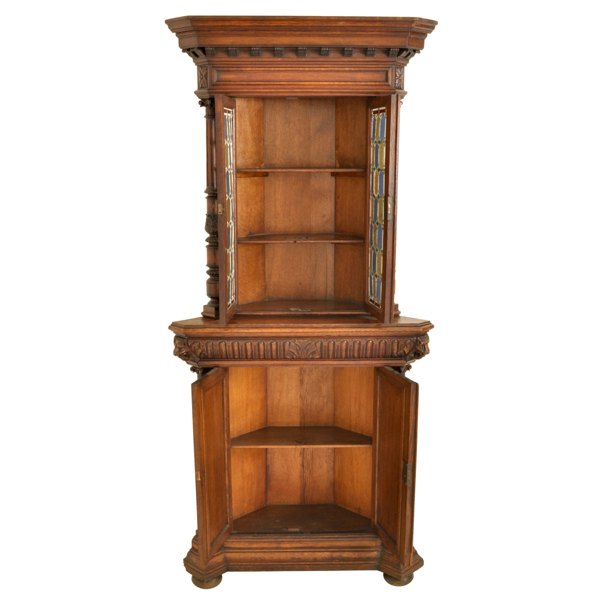 Pair of Antique French Renaissance Revival Carved Oak Stained Glass Corner Cabinets, circa 1880