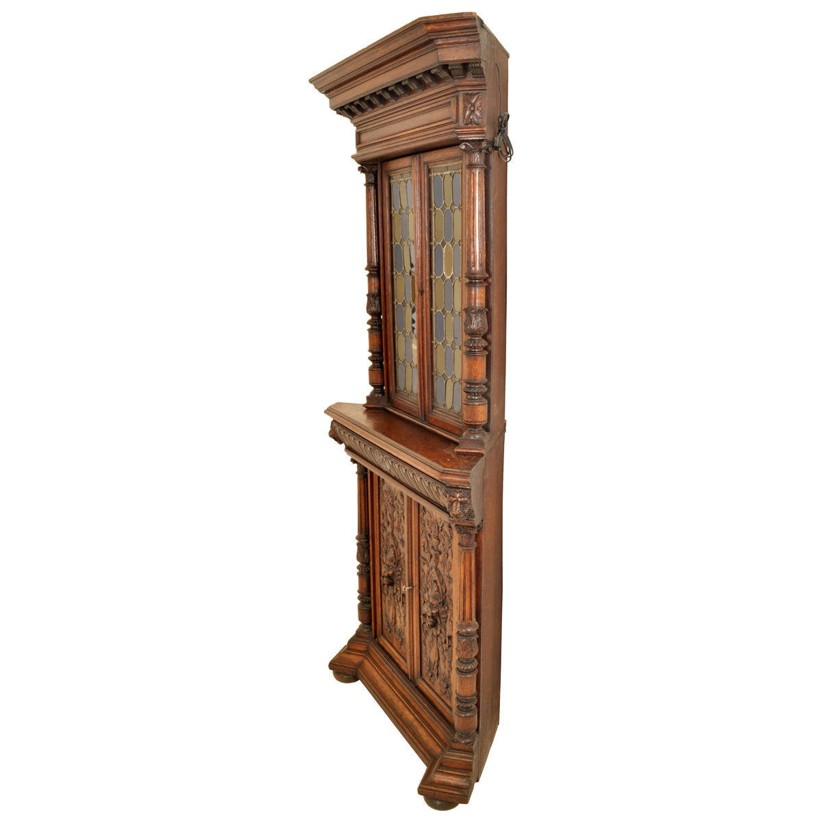 Pair of Antique French Renaissance Revival Carved Oak Stained Glass Corner Cabinets, circa 1880